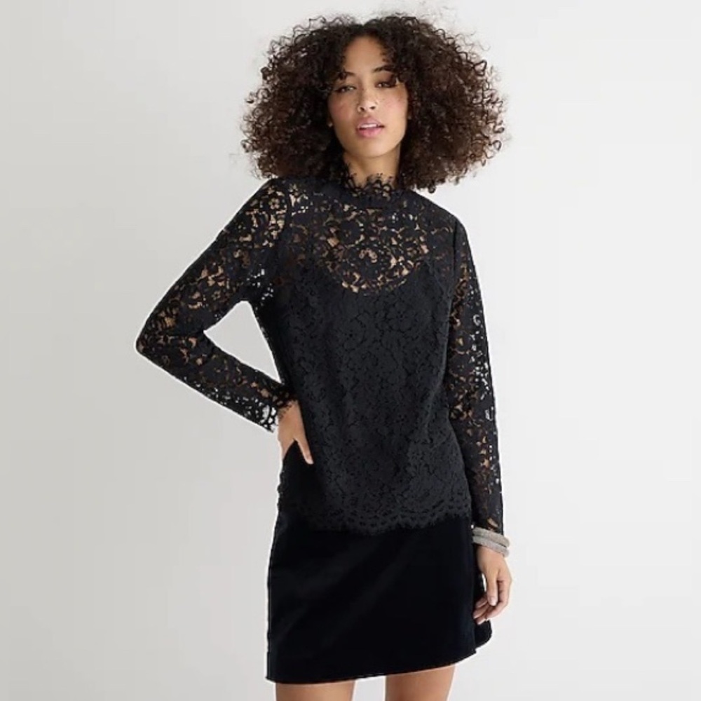 J. Crew Scalloped Lace Mockneck Top in Black size 0